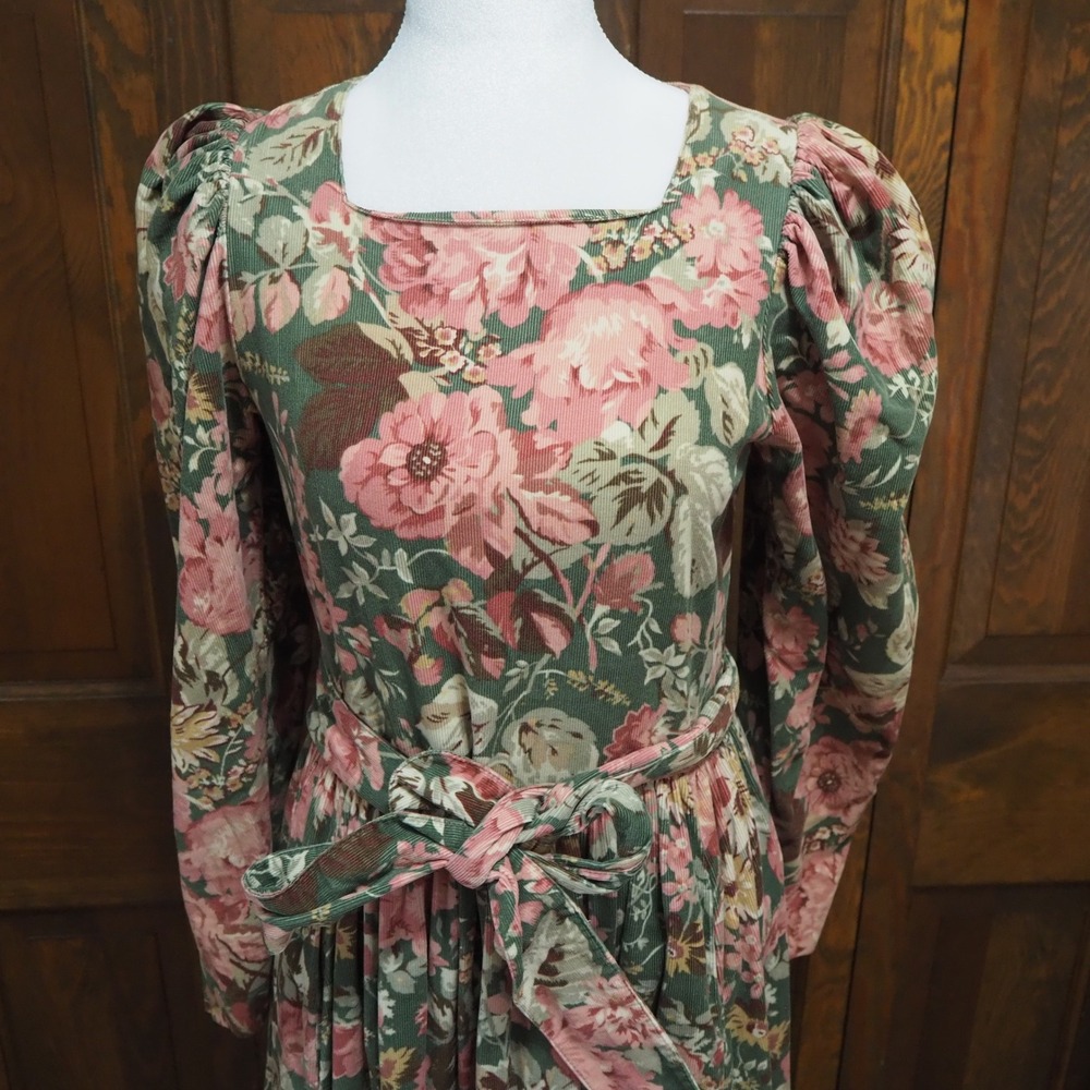 VTG Laura Ashley Prairie Midi‎ Dress US6 Floral Puff Sleeve Belted